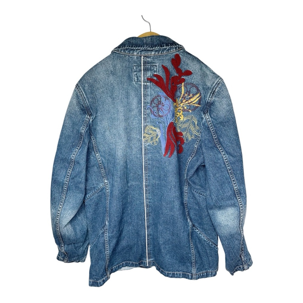 Vintage Marithe Francois Girbaud Embroidered Blue Denim Utility Jacket Size 3XL